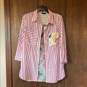 Sovia Red,pink and White Striped Button Down Shirt Floral accent 3/4 sleeves